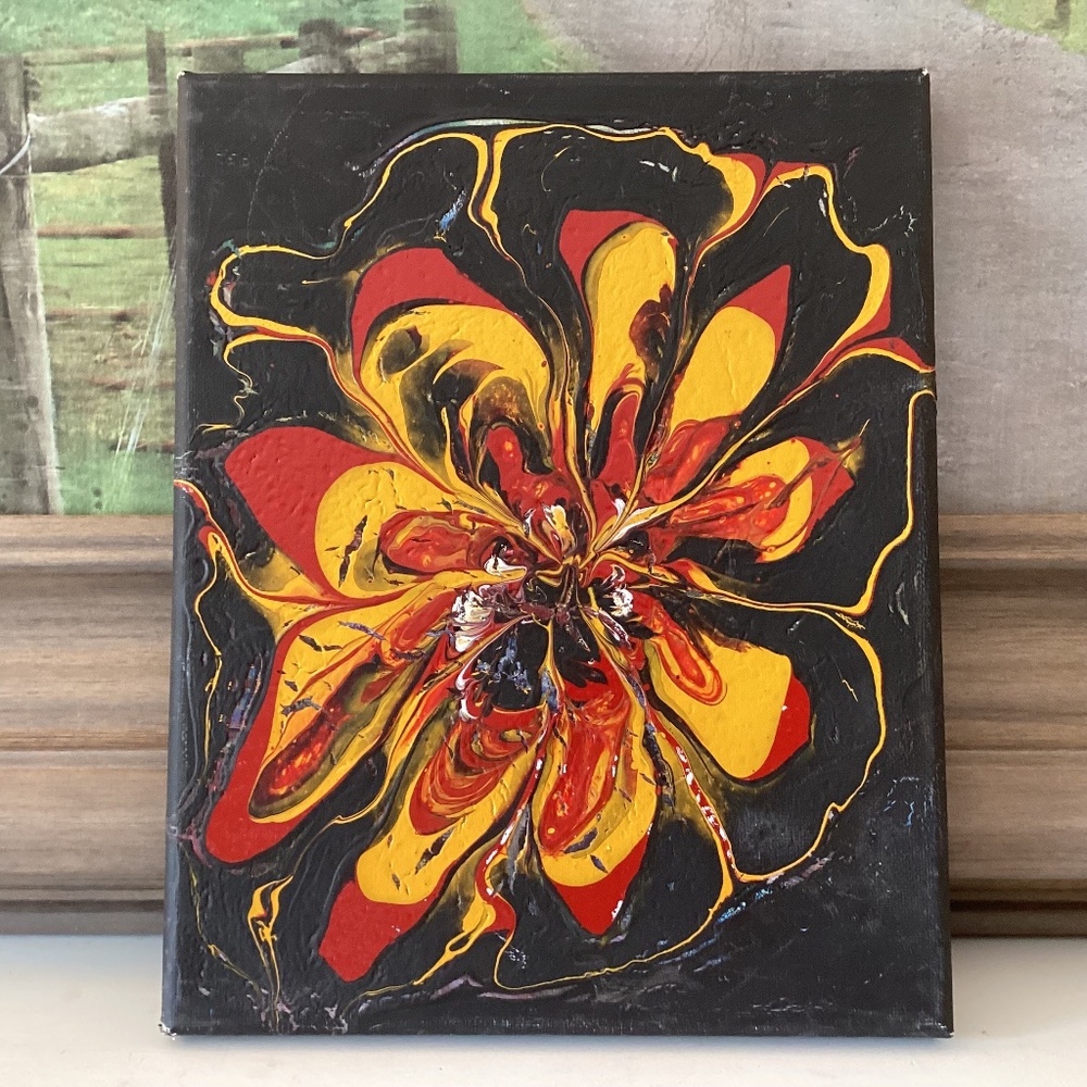 Original Art Abstract Flower Acrylic Pour Fluid Painting Canvas Wall Decor 8x10”
